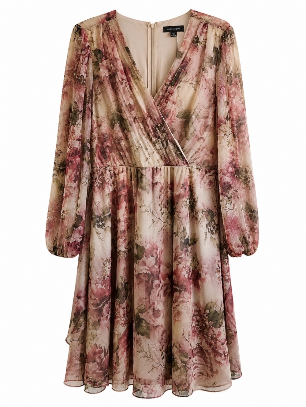 Le Chateau Long Sleeve Floral Dress - Brown and Pink XXL